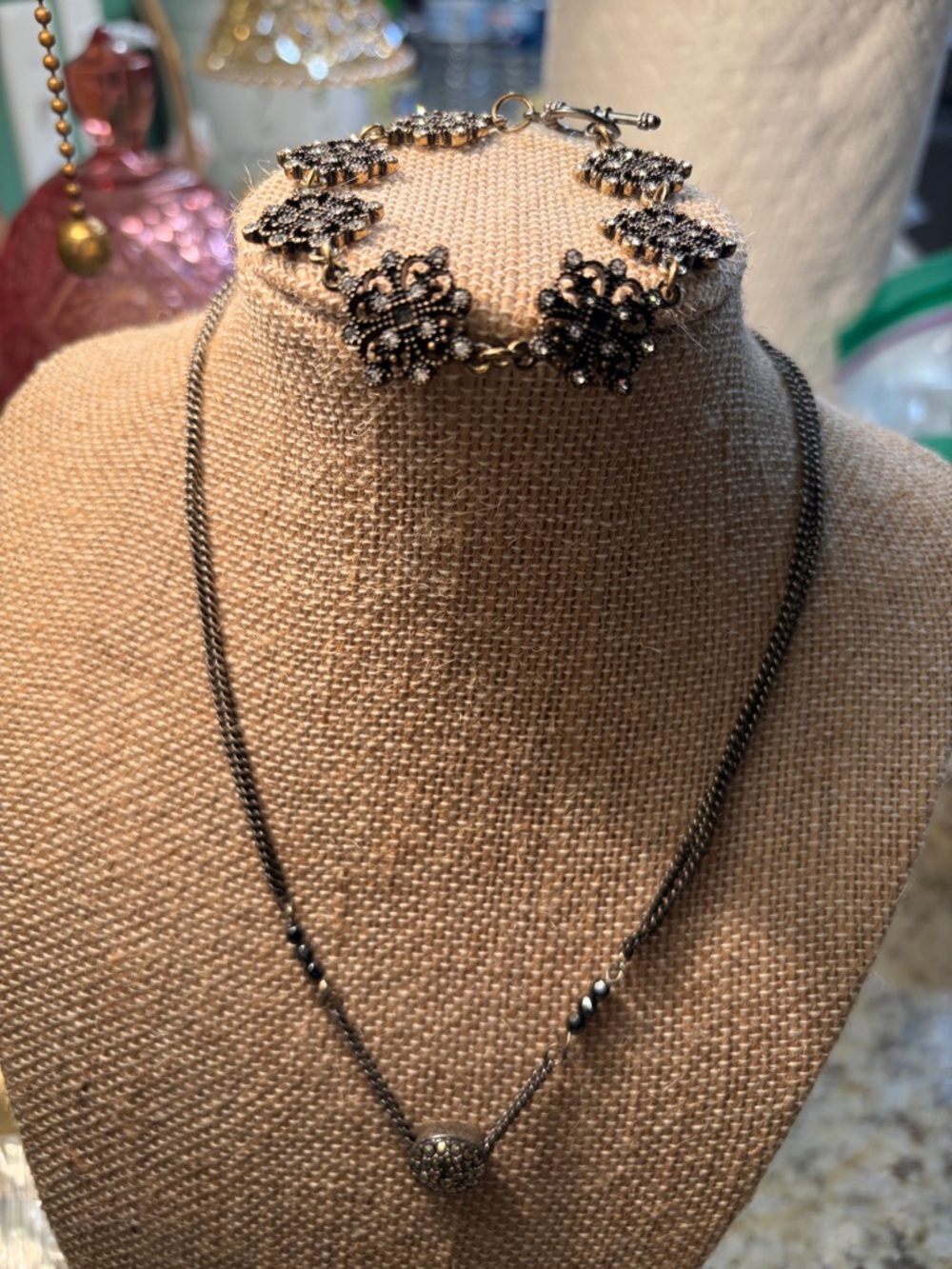 Delicate Filigree Floral Bracelet and Pendant Necklace Set - Blackened Silver